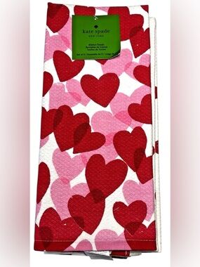 Kate Spade Red Pink Heart Print Kitchen Towels - Set of 3